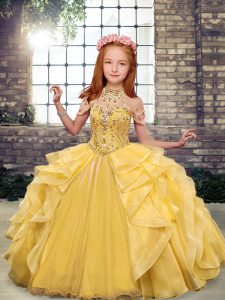 Gold Scoop Neckline Beading and Ruffles Child Pageant Dress Sleeveless Lace Up