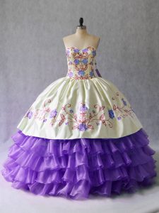 Artistic Floor Length Lace Up Quinceanera Gown Lavender for Sweet 16 and Quinceanera with Embroidery and Ruffled Layers
