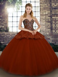 Fantastic Rust Red Ball Gowns Beading and Appliques Quinceanera Gowns Lace Up Tulle Sleeveless Floor Length