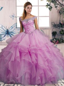 Trendy Off The Shoulder Sleeveless Quinceanera Dress Floor Length Beading and Ruffles Lilac Organza