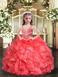 Sleeveless Organza Floor Length Lace Up Kids Pageant Dress in Coral Red with Beading and Ruffles