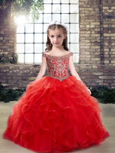 Excellent Red Ball Gowns Off The Shoulder Sleeveless Tulle Floor Length Lace Up Beading and Ruffles Pageant Gowns For Girls