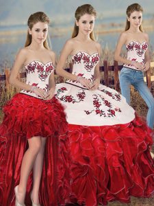 Cute White And Red Sweetheart Neckline Embroidery and Ruffles and Bowknot Quinceanera Dresses Sleeveless Lace Up