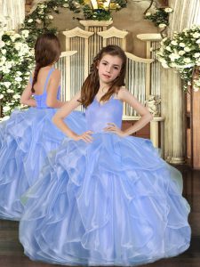 Fashionable Straps Sleeveless Girls Pageant Dresses Floor Length Ruffles Blue Organza