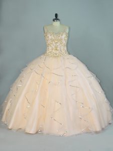 Most Popular Champagne Straps Lace Up Beading and Ruffles Ball Gown Prom Dress Sleeveless