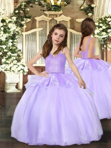 Lavender Lace Up Child Pageant Dress Beading Sleeveless Floor Length