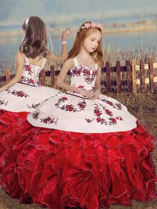 Affordable Red Organza Lace Up Straps Sleeveless Floor Length Little Girl Pageant Gowns Embroidery and Ruffles