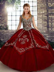 Sleeveless Tulle Floor Length Lace Up 15th Birthday Dress in Wine Red with Beading and Embroidery