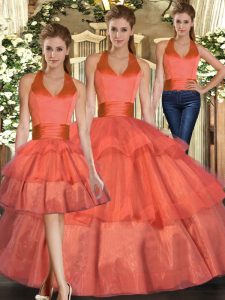 Fitting Organza Halter Top Sleeveless Lace Up Ruffled Layers Quinceanera Dresses in Orange