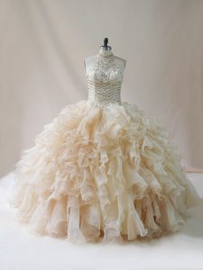Sleeveless Floor Length Beading and Ruffles Lace Up 15 Quinceanera Dress with Champagne