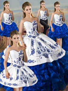 Custom Made Blue And White Lace Up Sweetheart Embroidery and Ruffles Quinceanera Dress Organza Sleeveless