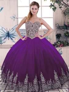 Great Sweetheart Sleeveless Quince Ball Gowns Floor Length Beading and Embroidery Purple Tulle
