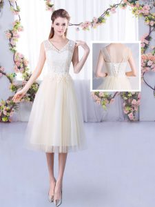 Glamorous Tea Length Empire Sleeveless Champagne Dama Dress for Quinceanera Lace Up