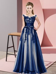 Beading and Lace Quinceanera Court of Honor Dress Navy Blue Zipper Sleeveless Floor Length