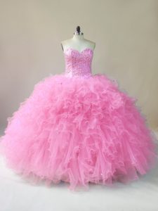 Fantastic Baby Pink Tulle Lace Up Sweetheart Sleeveless Floor Length Quinceanera Gown Beading and Ruffles