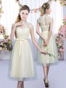 Attractive Champagne High-neck Zipper Lace and Bowknot Quinceanera Court of Honor Dress Cap Sleeves
