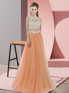 Extravagant Orange Two Pieces Lace Vestidos de Damas Zipper Tulle Sleeveless Floor Length