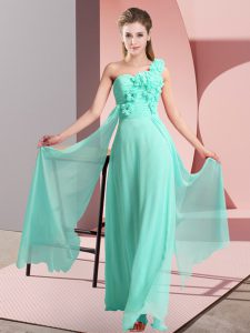 One Shoulder Sleeveless Lace Up Dama Dress for Quinceanera Apple Green Chiffon