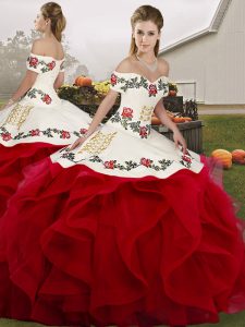 Floor Length White And Red 15th Birthday Dress Tulle Sleeveless Embroidery and Ruffles