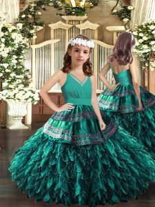 Adorable Turquoise Ball Gowns Appliques and Ruffles Girls Pageant Dresses Zipper Organza Sleeveless Floor Length