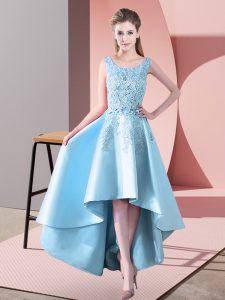 Colorful High Low Aqua Blue Quinceanera Court of Honor Dress Satin Sleeveless Lace