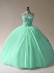 On Sale Tulle Scoop Sleeveless Lace Up Beading 15th Birthday Dress in Apple Green