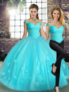 Floor Length Two Pieces Sleeveless Aqua Blue Quince Ball Gowns Lace Up