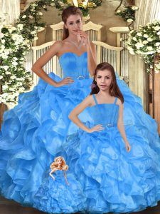 Luxury Sweetheart Sleeveless Sweet 16 Dresses Floor Length Ruffles Baby Blue Organza