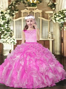 Floor Length Lilac Girls Pageant Dresses Organza Sleeveless Beading and Ruffles