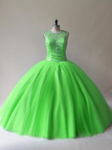 Modern Scoop Sleeveless Tulle Ball Gown Prom Dress Beading Lace Up
