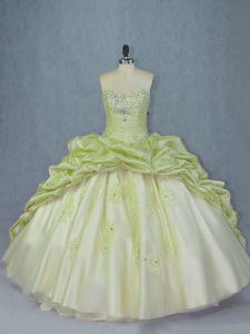 Artistic Lace Up Sweet 16 Dress Yellow Green for Sweet 16 and Quinceanera with Beading and Appliques Brush Train