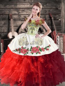 White And Red Organza Lace Up 15 Quinceanera Dress Sleeveless Floor Length Embroidery and Ruffles