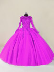 Purple Long Sleeves Floor Length Lace and Appliques Zipper 15 Quinceanera Dress