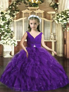 Perfect Purple Sleeveless Organza Backless Kids Pageant Dress for Party and Sweet 16 and Wedding Party