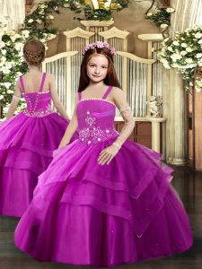 Fuchsia Sleeveless Tulle Lace Up Pageant Gowns For Girls for Party and Sweet 16 and Wedding Party