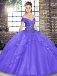 Fine Lavender Ball Gowns Beading and Ruffles Sweet 16 Dresses Lace Up Tulle Sleeveless Floor Length