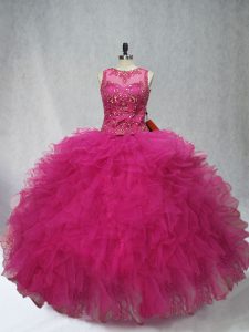 Vintage Fuchsia Lace Up Sweet 16 Dress Beading and Ruffles Sleeveless Floor Length