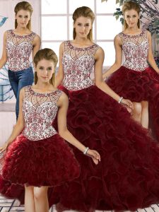 Deluxe Scoop Sleeveless Organza Ball Gown Prom Dress Beading and Ruffles Lace Up