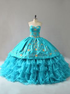 Luxurious Aqua Blue Ball Gowns Organza Sweetheart Sleeveless Embroidery and Ruffles Floor Length Lace Up Sweet 16 Dresses