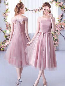 Eye-catching Pink Sleeveless Belt Tea Length Vestidos de Damas