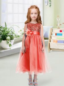 Excellent Tea Length Watermelon Red Child Pageant Dress Scoop Sleeveless Zipper