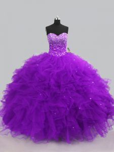 Discount Purple Tulle Lace Up Sweetheart Sleeveless Floor Length Sweet 16 Dress Beading and Ruffles