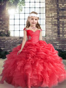 Red Lace Up Little Girl Pageant Gowns Beading Sleeveless Floor Length