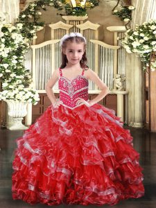 Straps Sleeveless Girls Pageant Dresses Floor Length Beading Red Organza