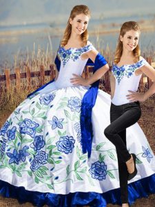 Graceful Floor Length Blue And White 15 Quinceanera Dress Satin Sleeveless Embroidery