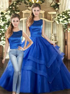 Custom Designed Royal Blue Lace Up Sweet 16 Quinceanera Dress Ruffled Layers Sleeveless Floor Length