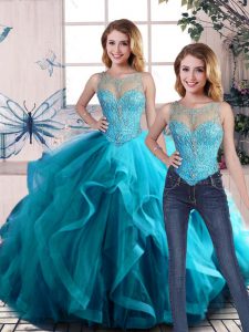 Top Selling Aqua Blue Quinceanera Dresses Sweet 16 and Quinceanera with Beading and Ruffles Scoop Sleeveless Lace Up