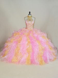 Custom Fit Floor Length Multi-color Quinceanera Dresses Organza Sleeveless Beading and Ruffles
