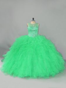 Turquoise Ball Gowns Beading and Ruffles Vestidos de Quinceanera Lace Up Tulle Sleeveless Floor Length