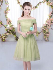 Olive Green Short Sleeves Knee Length Belt Lace Up Quinceanera Court of Honor Dress